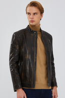 Durant Men's Brown Slim-Fit Vintage Leather Jacket | Derimod Durant Men's Brown Slim-Fit Vintage Leather Jacket | Derimod