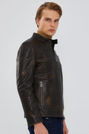 Durant Men's Brown Slim-Fit Vintage Leather Jacket | Derimod Durant Men's Brown Slim-Fit Vintage Leather Jacket | Derimod