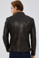 Durant Men's Brown Slim-Fit Vintage Leather Jacket | Derimod Durant Men's Brown Slim-Fit Vintage Leather Jacket | Derimod