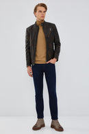 Durant Men's Brown Slim-Fit Vintage Leather Jacket | Derimod Durant Men's Brown Slim-Fit Vintage Leather Jacket | Derimod