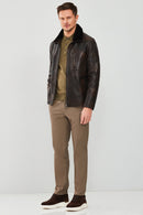 Valverde Men's Brown Fur Collar Vintage Leather Jacket | Derimod Valverde Men's Brown Fur Collar Vintage Leather Jacket | Derimod