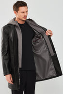 Dias Men's Black Hooded Long Leather Jacket | Derimod Dias Men's Black Hooded Long Leather Jacket | Derimod