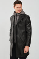 Dias Men's Black Hooded Long Leather Jacket | Derimod Dias Men's Black Hooded Long Leather Jacket | Derimod