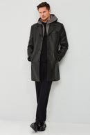 Dias Men's Black Hooded Long Leather Jacket | Derimod Dias Men's Black Hooded Long Leather Jacket | Derimod