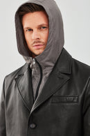 Dias Men's Black Hooded Long Leather Jacket | Derimod Dias Men's Black Hooded Long Leather Jacket | Derimod