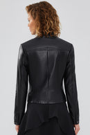 Penny Women's Black Short Leather Jacket | Derimod Penny Women's Black Short Leather Jacket | Derimod