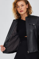 Penny Women's Black Short Leather Jacket | Derimod Penny Women's Black Short Leather Jacket | Derimod