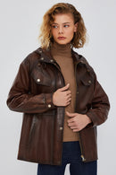 Greta Women's Brown Hooded Leather Coat | Derimod Greta Women's Brown Hooded Leather Coat | Derimod