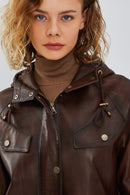 Greta Women's Brown Hooded Leather Coat | Derimod Greta Women's Brown Hooded Leather Coat | Derimod