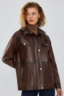 Greta Women's Brown Hooded Leather Coat | Derimod Greta Women's Brown Hooded Leather Coat | Derimod