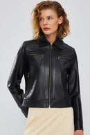 Hera Women's Black Short Leather Jacket | Derimod Hera Women's Black Short Leather Jacket | Derimod
