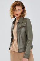 Hera Women's Green Short Leather Jacket | Derimod Hera Women's Green Short Leather Jacket | Derimod