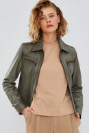 Hera Women's Green Short Leather Jacket | Derimod Hera Women's Green Short Leather Jacket | Derimod