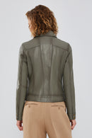 Hera Women's Green Short Leather Jacket | Derimod Hera Women's Green Short Leather Jacket | Derimod