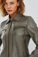 Hera Women's Green Short Leather Jacket | Derimod Hera Women's Green Short Leather Jacket | Derimod