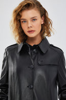 Scarlet Women's Black Leather Trench Coat | Derimod Scarlet Women's Black Leather Trench Coat | Derimod