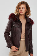 Monica Women's Burgundy Hooded Fur Leather Jacket | Derimod Monica Women's Burgundy Hooded Fur Leather Jacket | Derimod