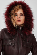 Monica Women's Burgundy Hooded Fur Leather Jacket | Derimod Monica Women's Burgundy Hooded Fur Leather Jacket | Derimod