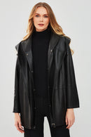 Anya Kadın Siyah Kapüşonlu Deri Mont | Derimod Anya Kadın Siyah Kapüşonlu Deri Mont | Derimod
