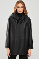 Anya Kadın Siyah Kapüşonlu Deri Mont | Derimod Anya Kadın Siyah Kapüşonlu Deri Mont | Derimod