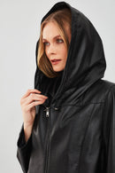 Anya Kadın Siyah Kapüşonlu Deri Mont | Derimod Anya Kadın Siyah Kapüşonlu Deri Mont | Derimod