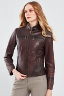 Alicia Women's Burgundy Short Leather Jacket | Derimod Alicia Women's Burgundy Short Leather Jacket | Derimod