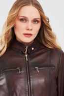 Alicia Women's Burgundy Short Leather Jacket | Derimod Alicia Women's Burgundy Short Leather Jacket | Derimod