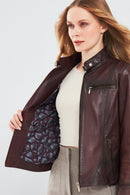 Alicia Women's Burgundy Short Leather Jacket | Derimod Alicia Women's Burgundy Short Leather Jacket | Derimod