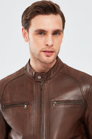 Alanzo Men's Brown Leather Coat | Derimod Alanzo Men's Brown Leather Coat | Derimod
