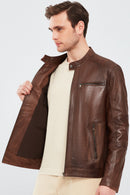Alanzo Men's Brown Leather Coat | Derimod Alanzo Men's Brown Leather Coat | Derimod