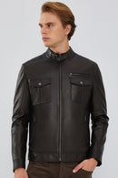 David Men's Brown Leather Jacket | Derimod David Men's Brown Leather Jacket | Derimod