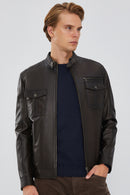 David Men's Brown Leather Jacket | Derimod David Men's Brown Leather Jacket | Derimod