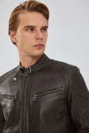 Paul Men's Mink Sports Leather Jacket | Derimod Paul Men's Mink Sports Leather Jacket | Derimod