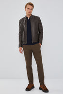 Paul Men's Mink Sports Leather Jacket | Derimod Paul Men's Mink Sports Leather Jacket | Derimod