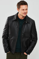 Mario Erkek Siyah Yakası Kürklü Deri Ceket | Derimod Mario Erkek Siyah Yakası Kürklü Deri Ceket | Derimod