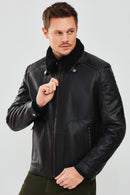 Mario Erkek Siyah Yakası Kürklü Deri Ceket | Derimod Mario Erkek Siyah Yakası Kürklü Deri Ceket | Derimod