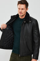 Mario Erkek Siyah Yakası Kürklü Deri Ceket | Derimod Mario Erkek Siyah Yakası Kürklü Deri Ceket | Derimod