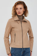 Fiesta Women's Beige Short Leather Jacket | Derimod Fiesta Women's Beige Short Leather Jacket | Derimod