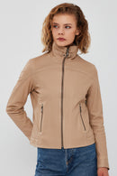 Fiesta Women's Beige Short Leather Jacket | Derimod Fiesta Women's Beige Short Leather Jacket | Derimod