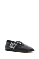 Women's Black Double Buckled Stoned Leather Ballerinas | Derimod Women's Black Double Buckled Stoned Leather Ballerinas | Derimod