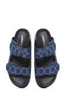 Women's Blue Banded Jean Fabric Leather Slippers | Derimod Women's Blue Banded Jean Fabric Leather Slippers | Derimod