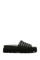 Women's Black Knit Leather Slippers | Derimod Women's Black Knit Leather Slippers | Derimod