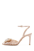 Women's Beige Ankle Strap Stone Thin Heeled Leather Stiletto | Derimod Women's Beige Ankle Strap Stone Thin Heeled Leather Stiletto | Derimod