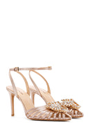 Women's Beige Ankle Strap Stone Thin Heeled Leather Stiletto | Derimod Women's Beige Ankle Strap Stone Thin Heeled Leather Stiletto | Derimod