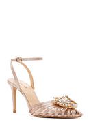 Women's Beige Ankle Strap Stone Thin Heeled Leather Stiletto | Derimod Women's Beige Ankle Strap Stone Thin Heeled Leather Stiletto | Derimod