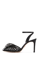 Women's Black Ankle Strap Stone Thin Heeled Leather Stiletto | Derimod Women's Black Ankle Strap Stone Thin Heeled Leather Stiletto | Derimod