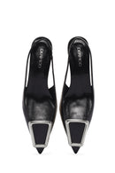 Women's Black Open Back Low Heel Leather Stiletto | Derimod Women's Black Open Back Low Heel Leather Stiletto | Derimod