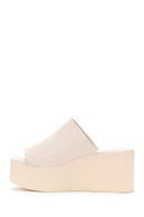 Women's Beige Wedge Heeled Leather Slippers | Derimod Women's Beige Wedge Heeled Leather Slippers | Derimod