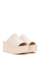 Women's Beige Wedge Heeled Leather Slippers | Derimod Women's Beige Wedge Heeled Leather Slippers | Derimod