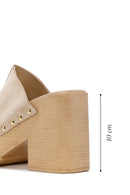 Women's Beige Thick Heeled Suede Leather Slippers | Derimod Women's Beige Thick Heeled Suede Leather Slippers | Derimod